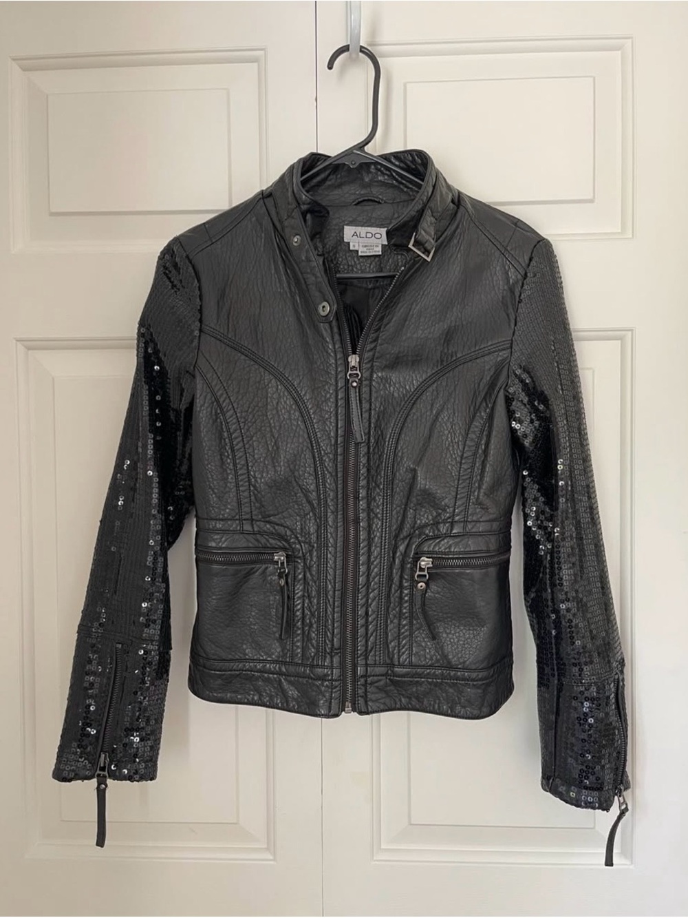 ALDO Black Faux Leather Jacket with Sequin Sleeves